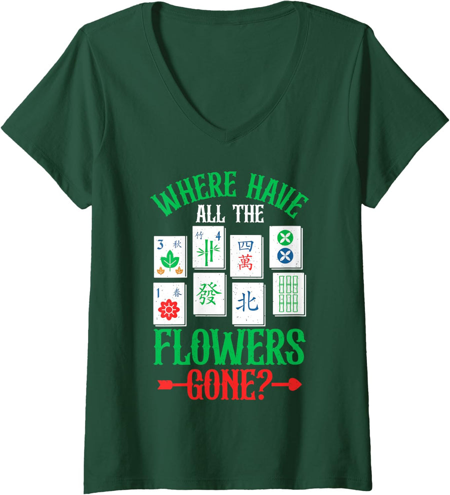 Womens Mahjong - Where Have All The Flowers Gone V-Neck T-Shirt - Dark Green