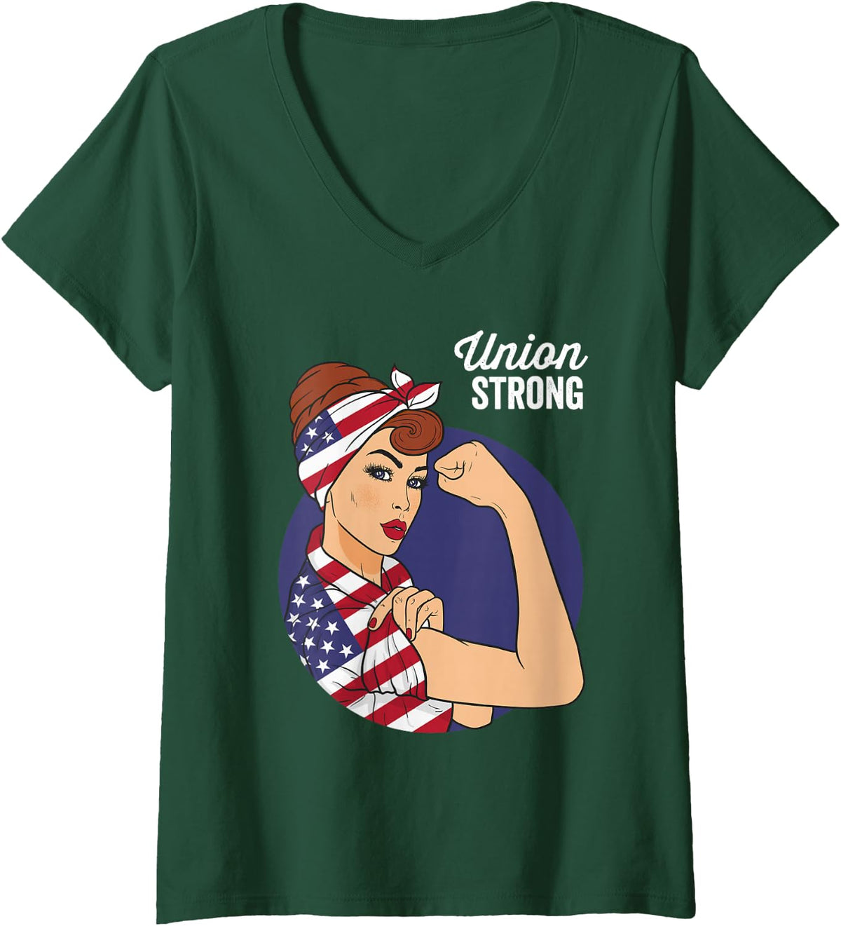 Womens Union Labor Day Shirts for Women Rosie the Riveter USA Flag V-Neck T-Shirt - Dark Green