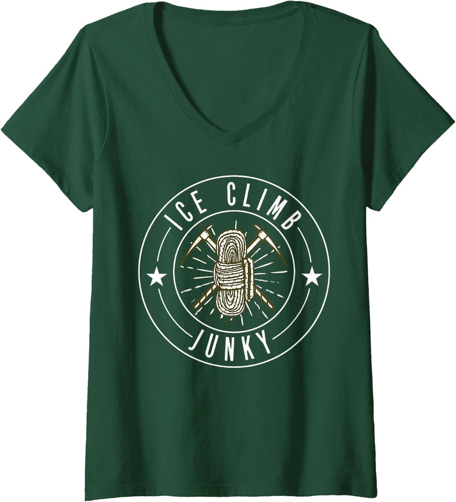 Women's Ice Climb Junky Climbing Bouldering Cool Ice Climbing V-Neck T-Shirt - Dark Green
