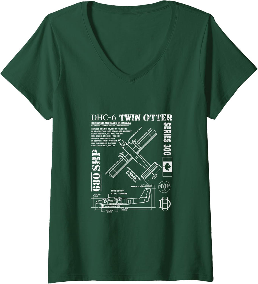 Women's Twin Otter Information Poster V-Neck T-Shirt - Dark Green