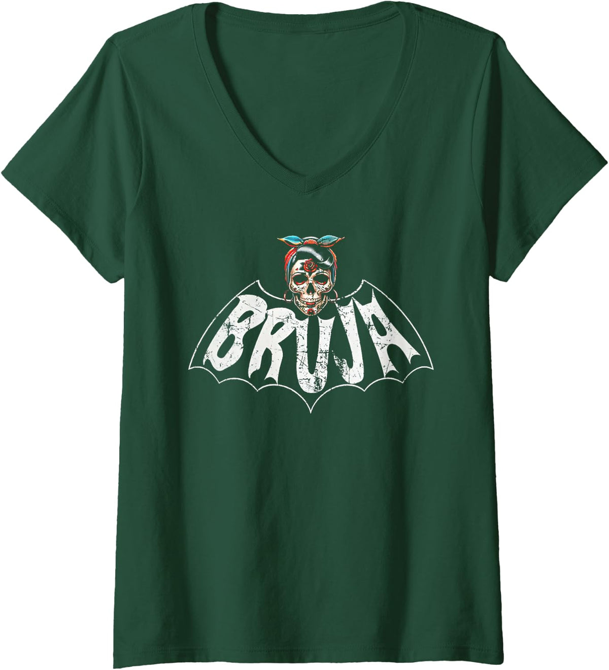 Womens Bruja Vintage Bat V-Neck T-Shirt - Dark Green