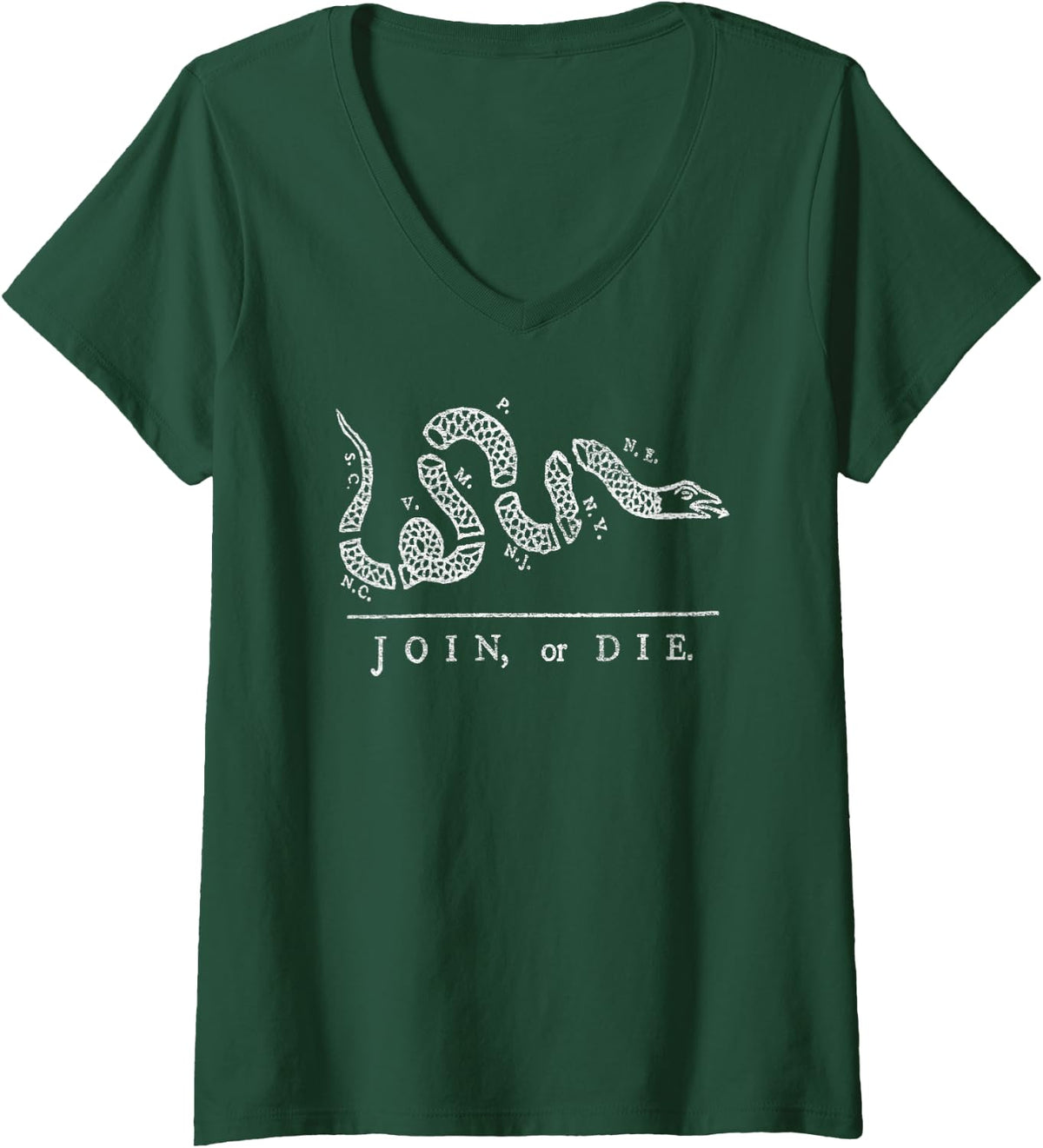 Womens JOIN OR DIE SNAKE FRANKLIN INDEPENDENCE GADSDEN 1776 FLAG V-Neck T-Shirt - Dark Green