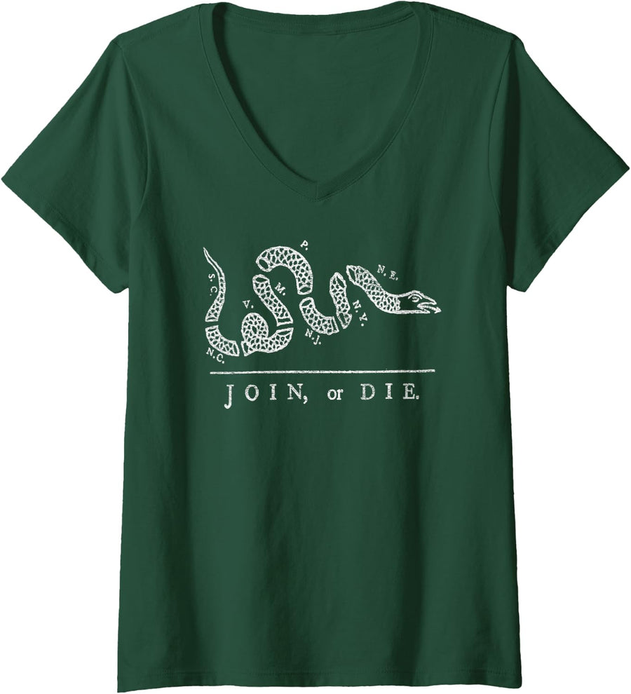 Womens JOIN OR DIE SNAKE FRANKLIN INDEPENDENCE GADSDEN 1776 FLAG V-Neck T-Shirt - Dark Green