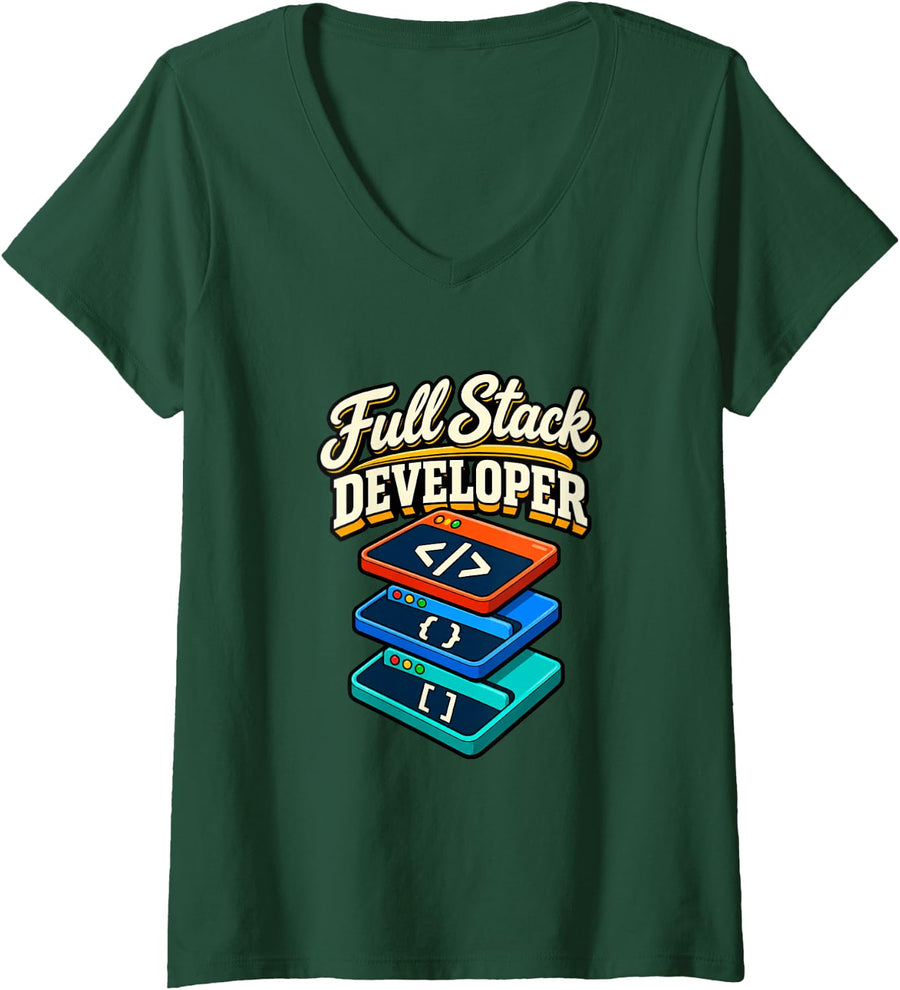 Women's Full Stack Developer Funny Web Developer Programmer V-Neck T-Shirt - Dark Green