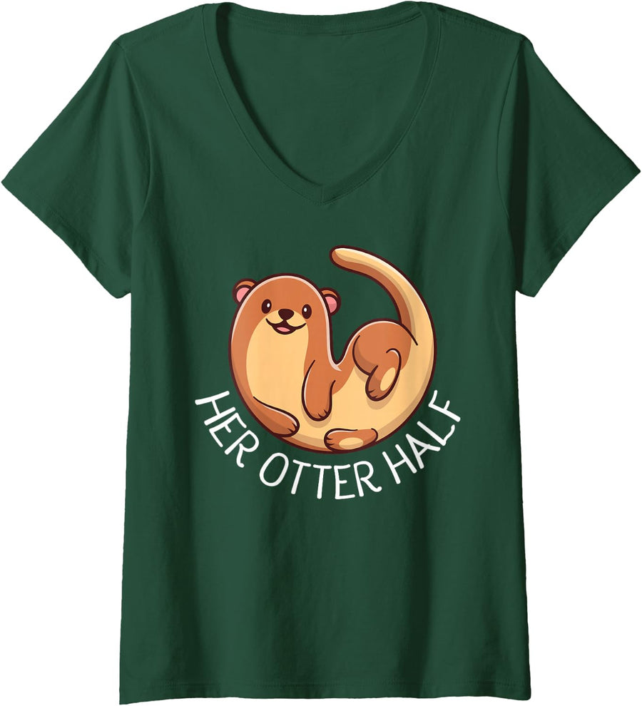 Women's Funny Matching Couple His and Her Otter Half Valentine's Day V-Neck T-Shirt - Dark Green