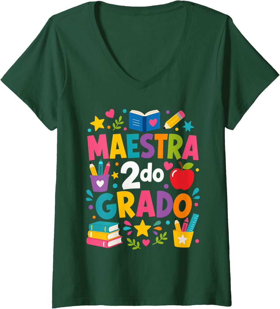 Women's Maestra Bilingue Segundo Grado 2nd Grade Teacher V-Neck T-Shirt - Dark Green