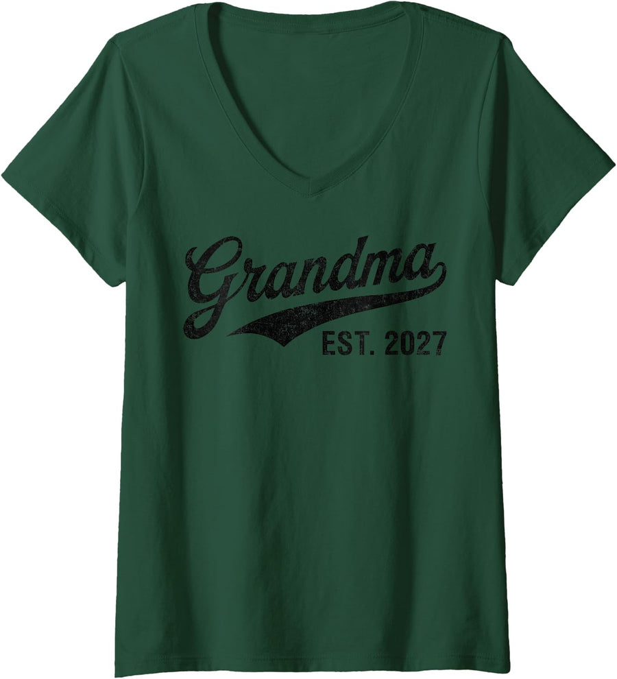 Women's Promoted to Grandma Est. 2027 Grandma Est 2027 Mother's Day V-Neck T-Shirt - Dark Green