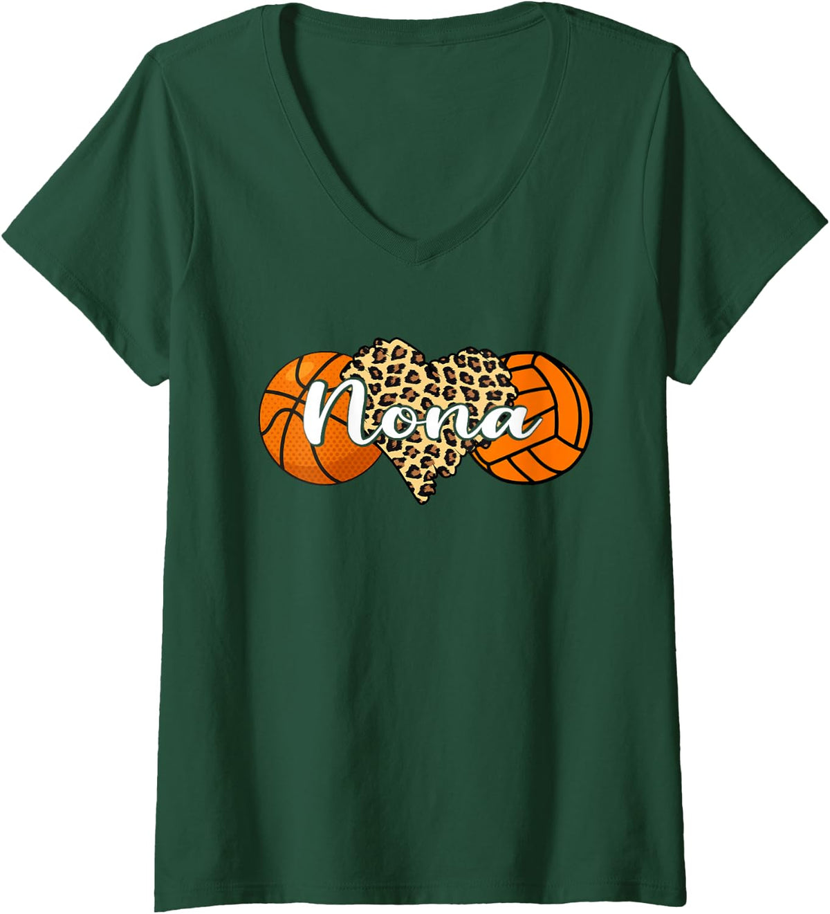 Women's Nona Basketball Volleyball Leopard Heart Ball Nona V-Neck T-Shirt - Dark Green
