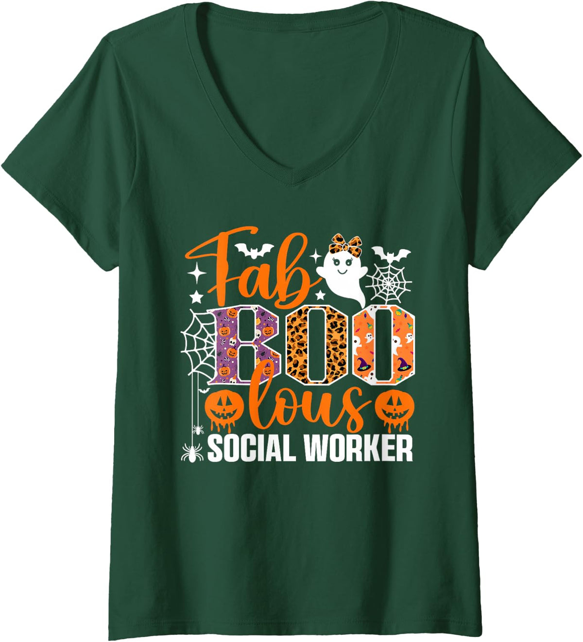 Women's Fab Boo Lous Social Worker Funny Ghost Halloween Costume V-Neck T-Shirt - Dark Green