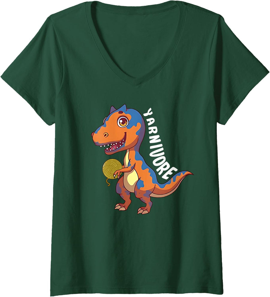 Women's Yarnivore Knitting and Crochet Dinosaur V-Neck T-Shirt - Dark Green