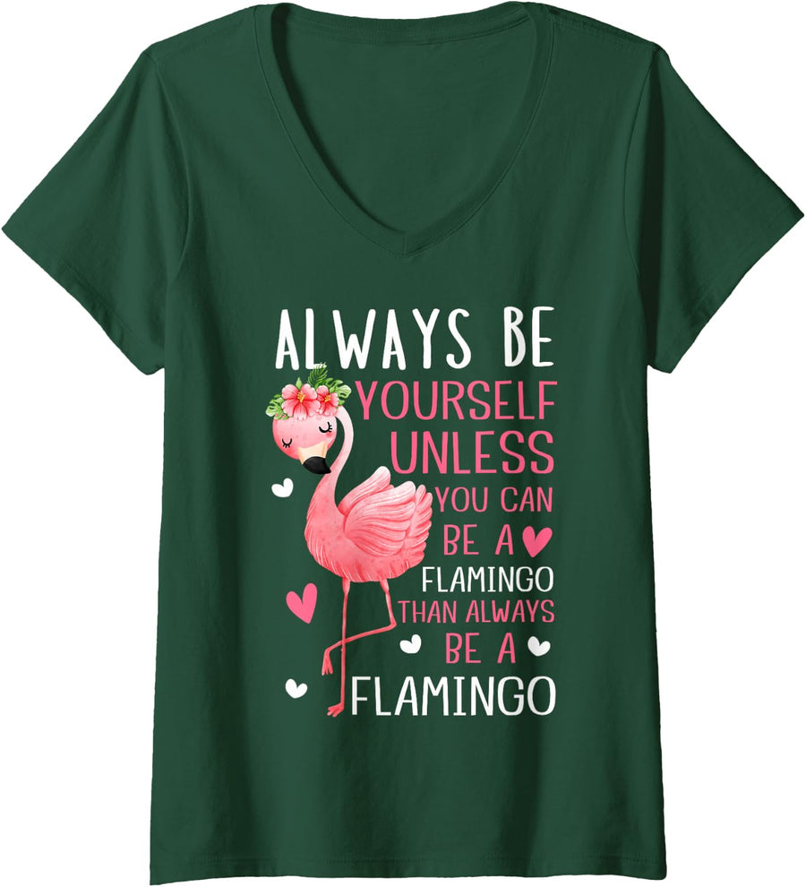 Women's Flamingos Always Be Yourself Unless You Can Be A Flamingo V-Neck T-Shirt - Dark Green