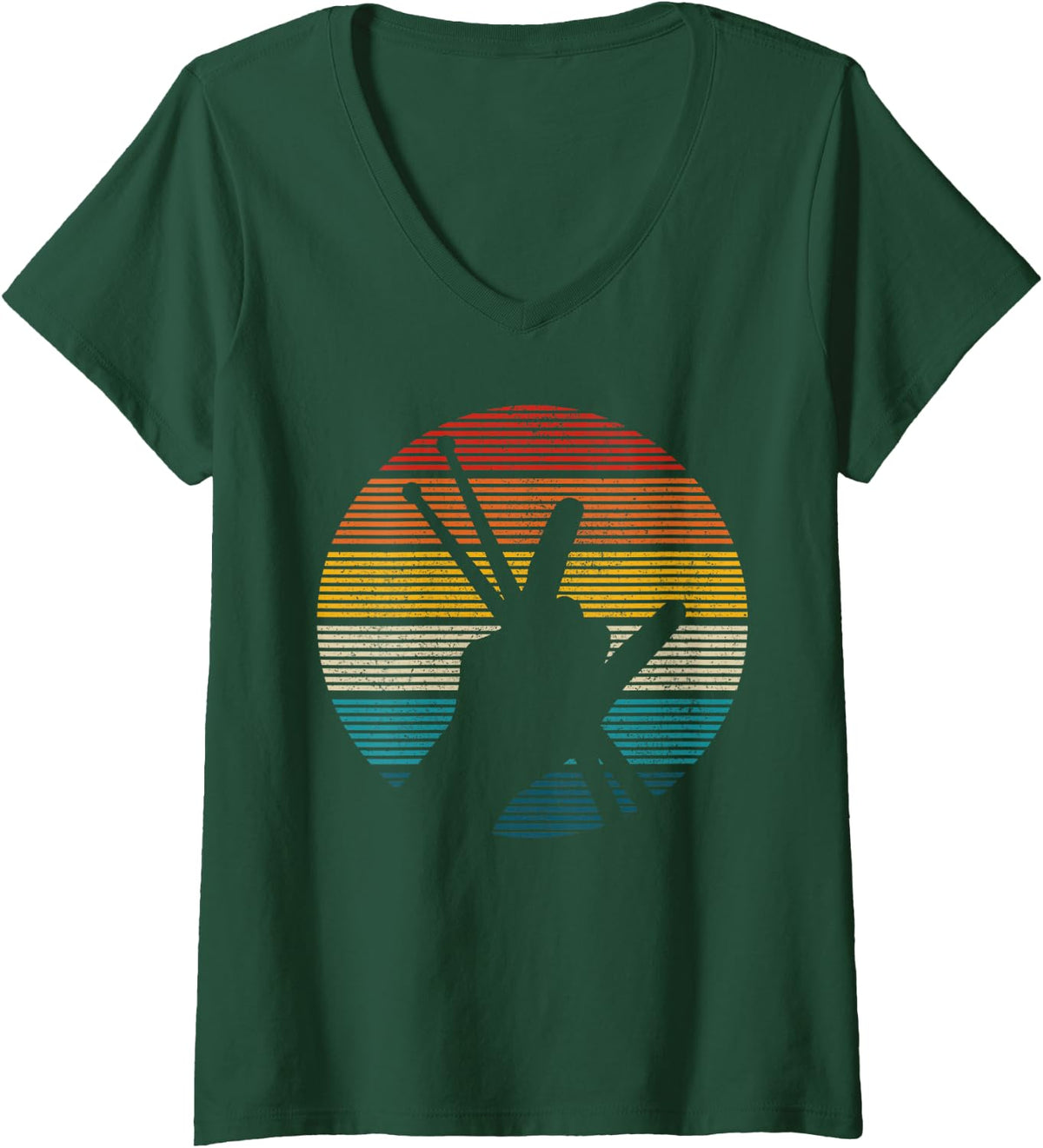 Womens Vintage Drummer Drum Sticks Rock & Roll Hand Horns Gift V-Neck T-Shirt - Dark Green