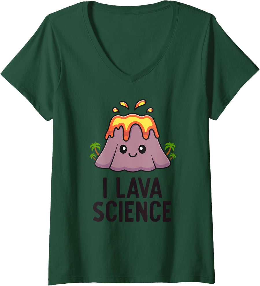Women's I Lava Science Funny Scientist Geology Cute Kawaii Volcano V-Neck T-Shirt - Dark Green