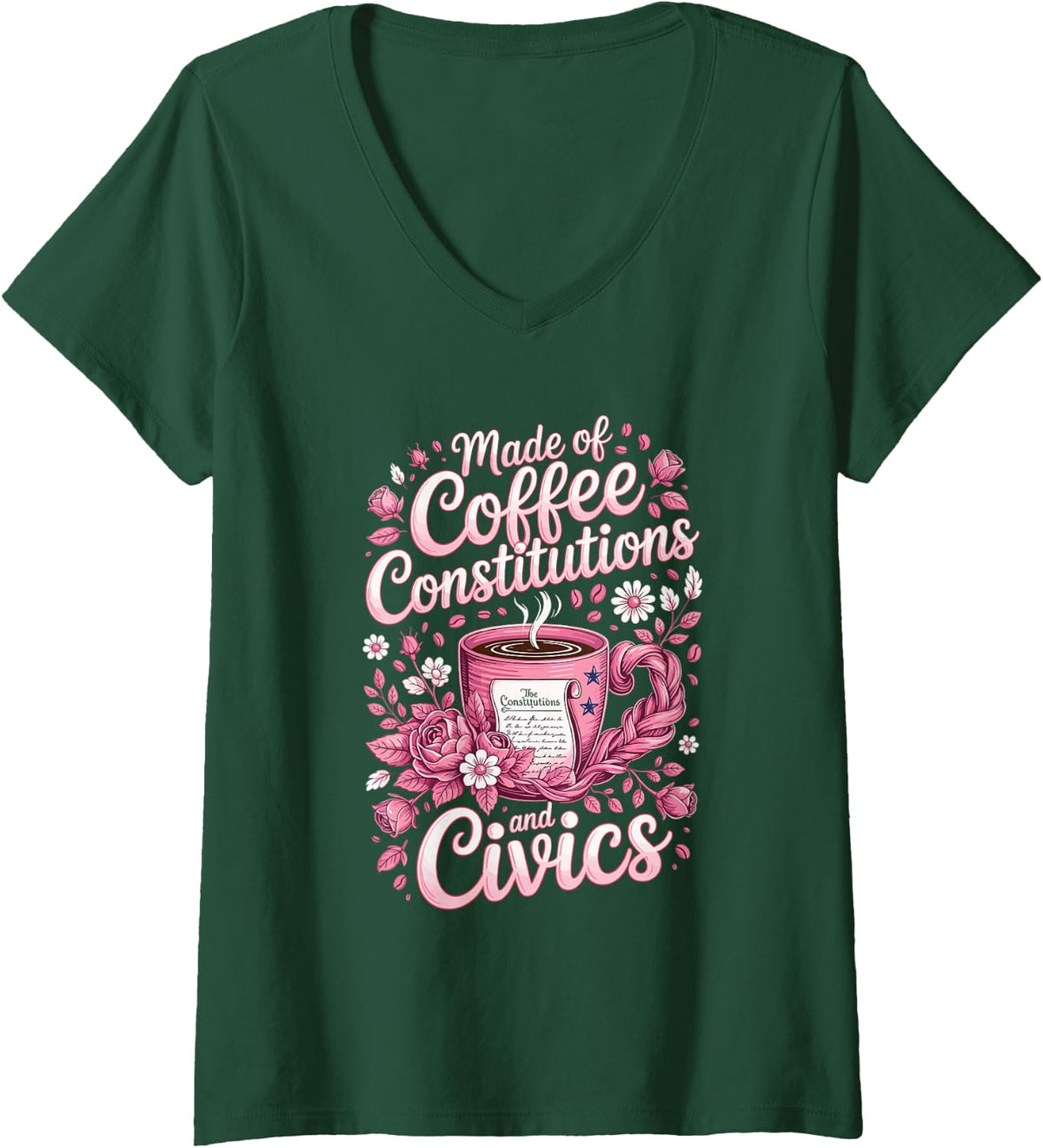Women's Made of Coffee Constitutions and Civics V-Neck T-Shirt - Dark Green
