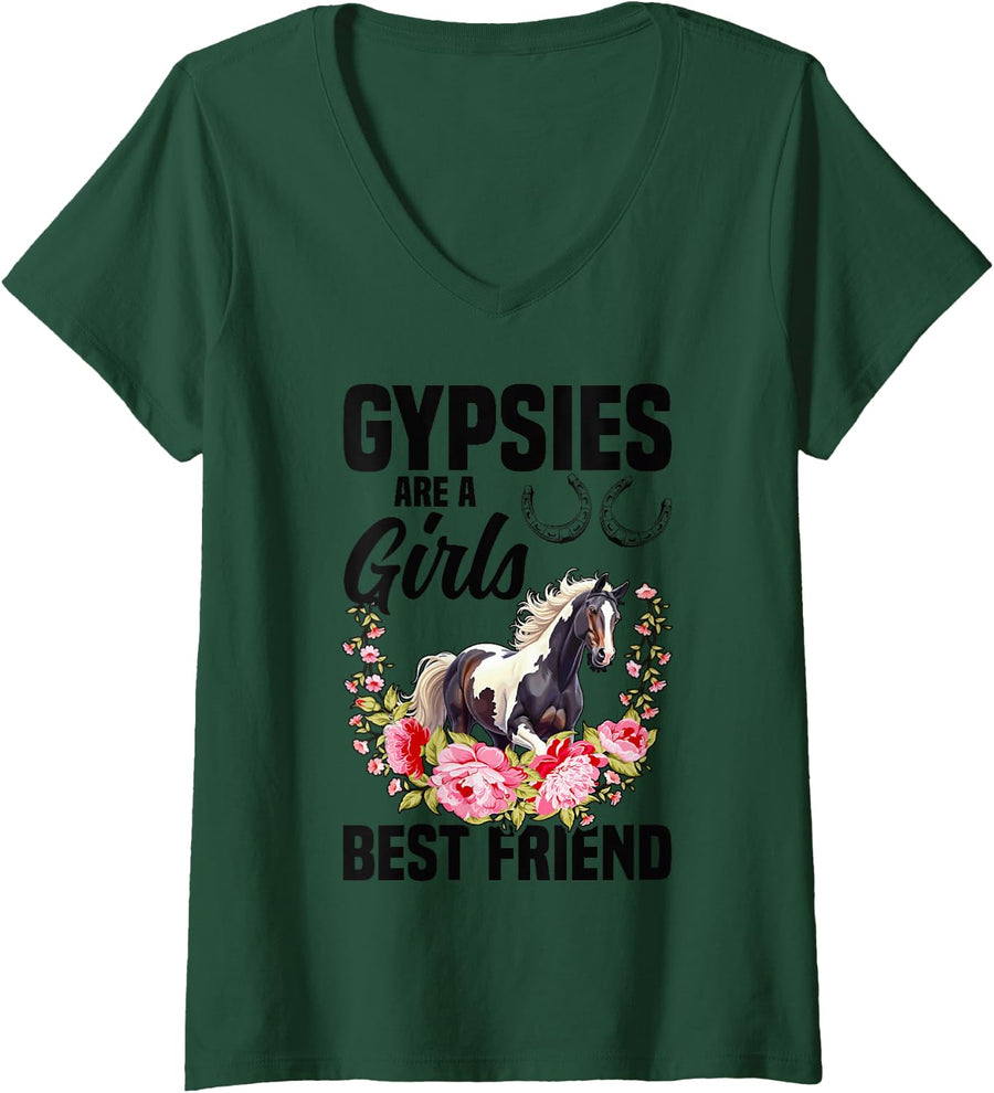 Women's Gypsy Vanner Mom Riding Best Friend Horse Gypsy Vanner V-Neck T-Shirt - Dark Green