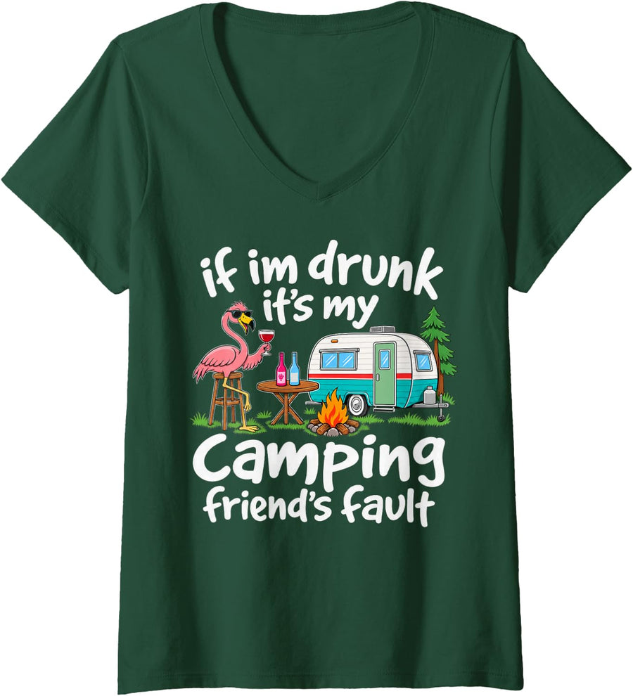 Women's Funny Camping Flamingo on Bar Stool Retro Cartoon V-Neck T-Shirt - Dark Green