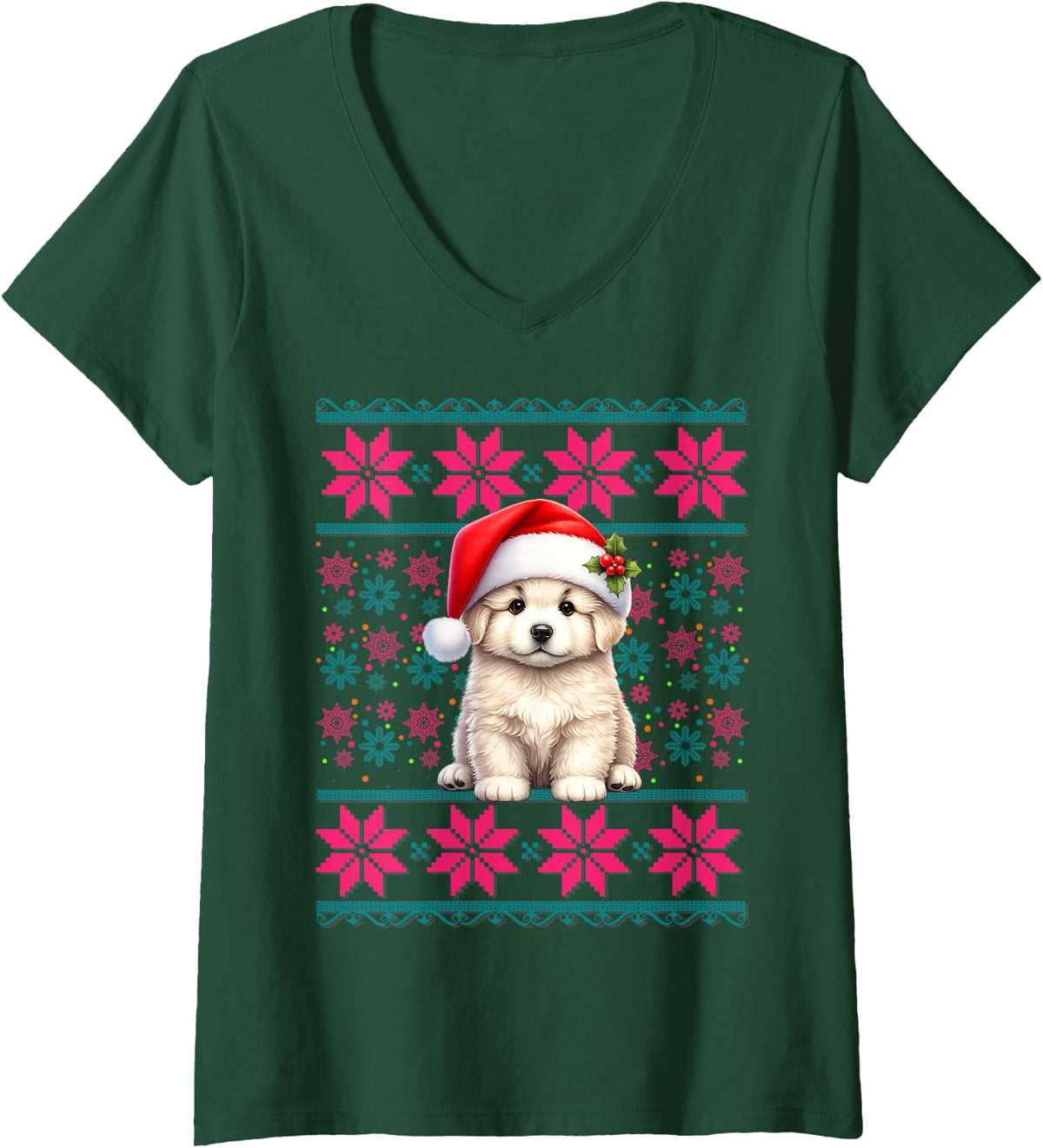 Women's Santa Ugly Christmas Pajama Women Girls Great Pyrenees Dog V-Neck T-Shirt - Dark Green