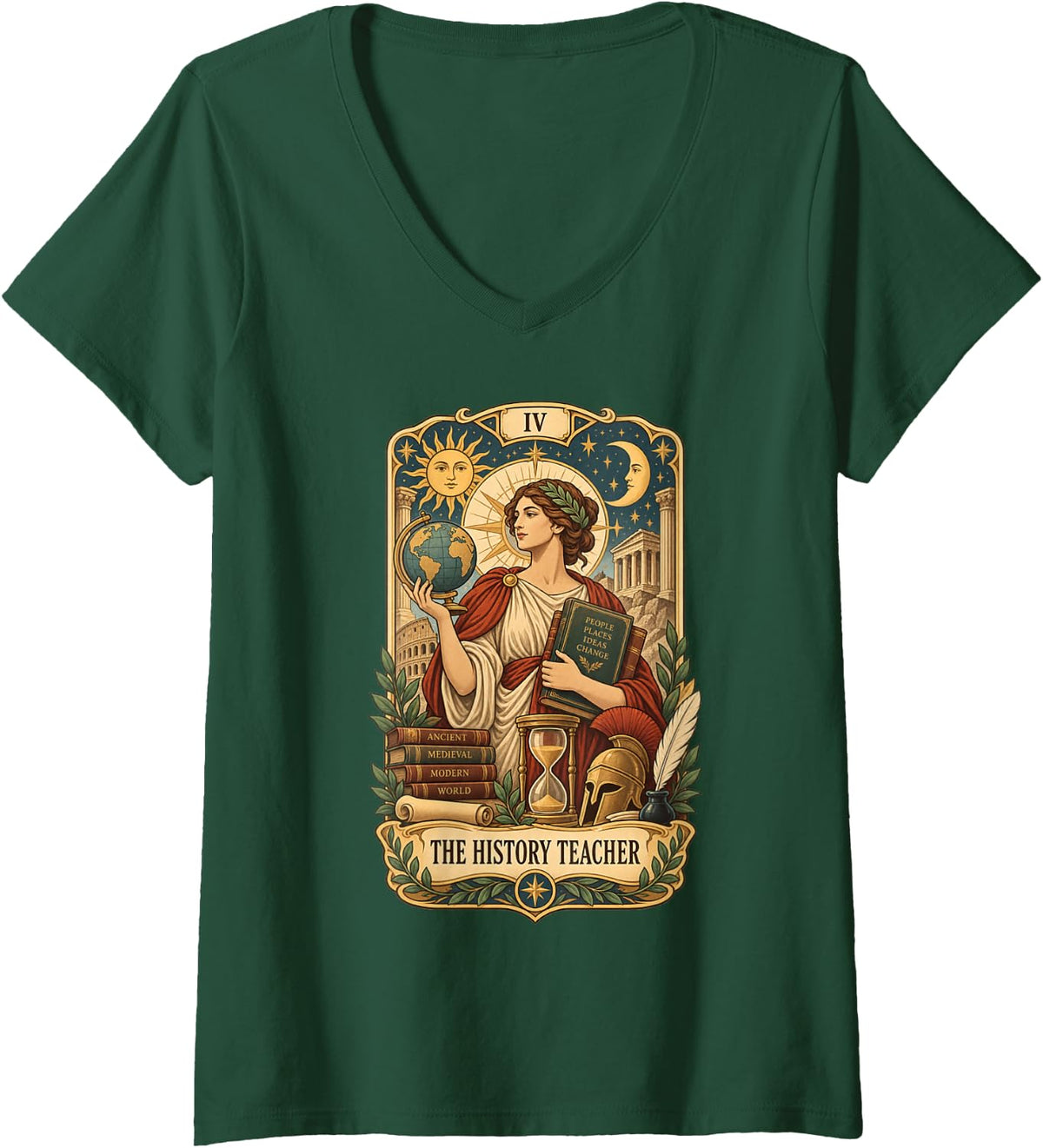 Women's The History Teacher Tarot Card Social Studies Ancient Histor V-Neck T-Shirt - Dark Green