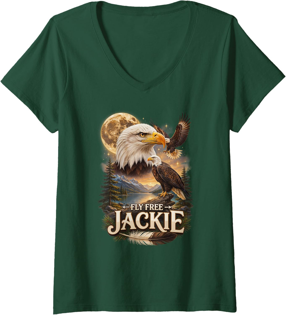 Women's Fly High Jackie, Big Bear Jackie and Shadow Bald Eagle V-Neck T-Shirt - Dark Green