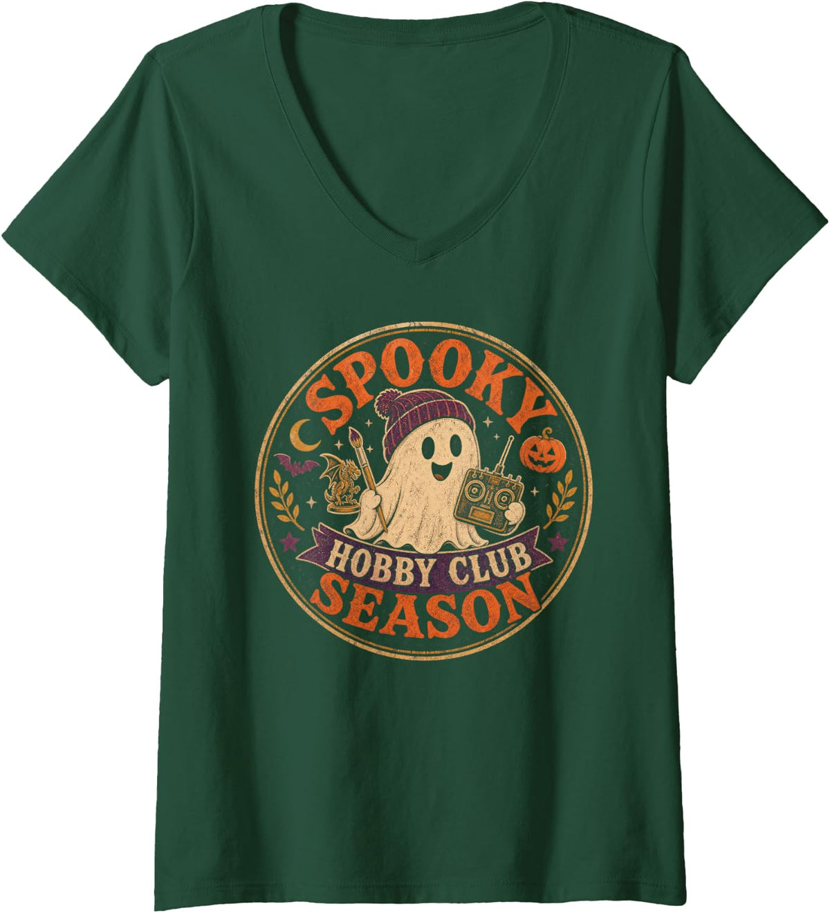 Women's Spooky Hobby Club Season Halloween Ghost V-Neck T-Shirt - Dark Green
