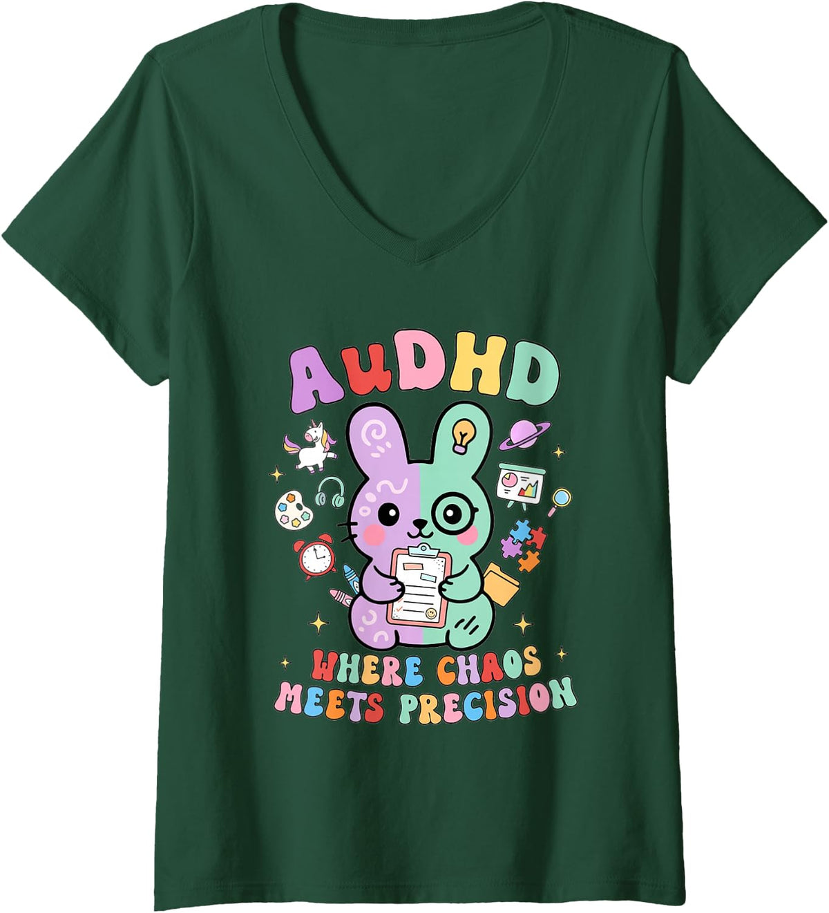 Women's Neurodiversity Cute ADHD Autism AuDHD Therapist Nurse V-Neck T-Shirt - Dark Green