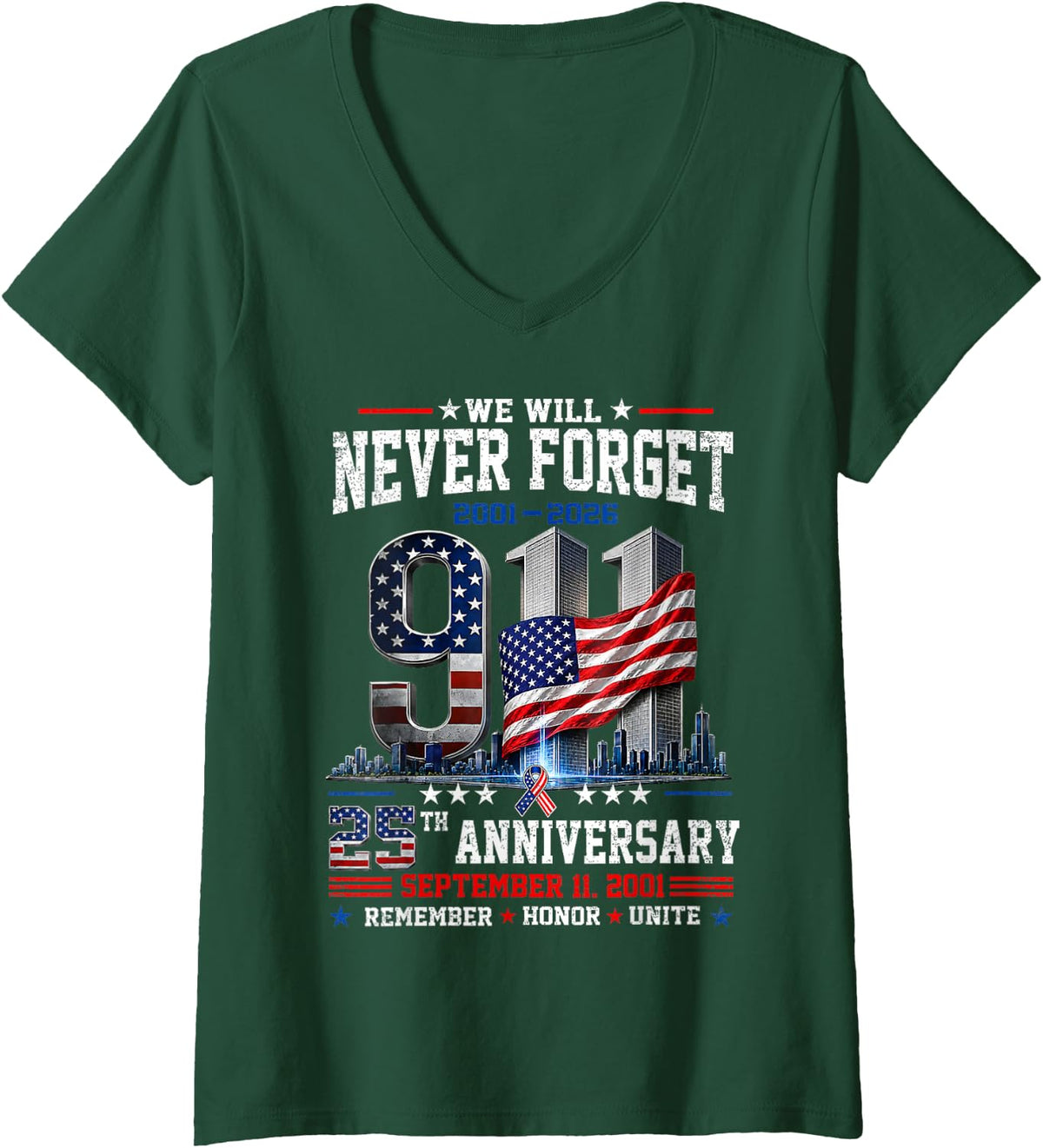 Women's 25th Anniversary September 11 2001 Memorial Day USA Flag V-Neck T-Shirt - Dark Green