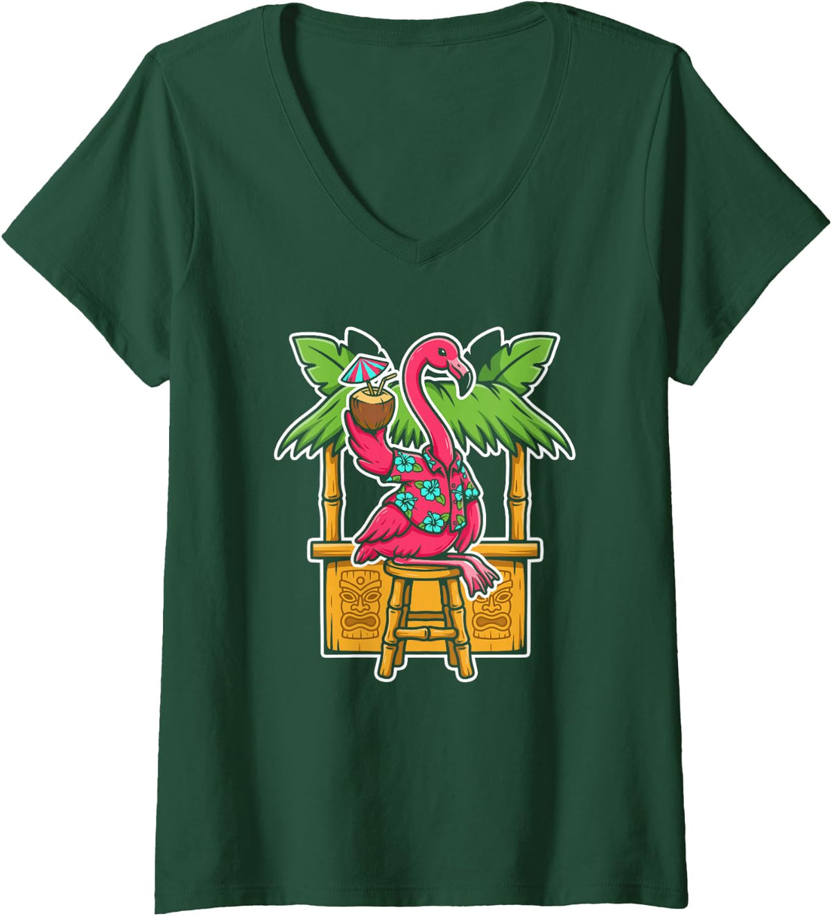 Women's Tropical Pink Flamingo Relaxing On Summer Vacation for Women V-Neck T-Shirt - Dark Green