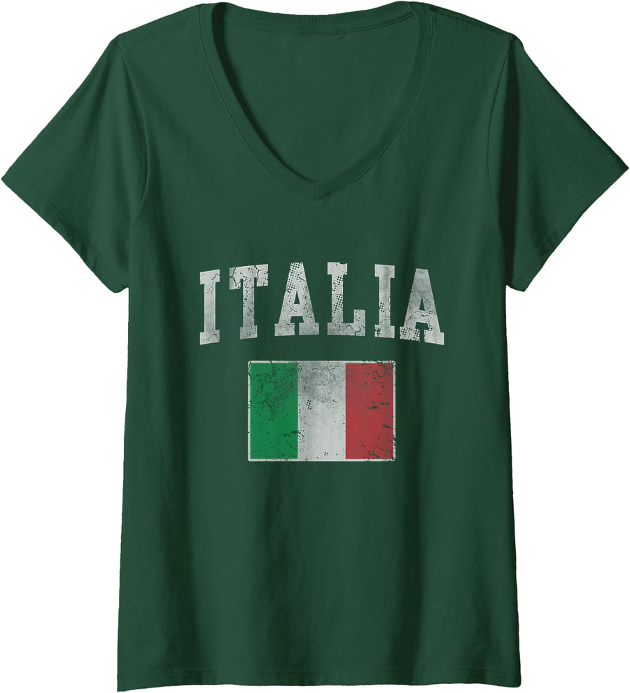 Women's Vintage Italia Italian Flag Italy Retro Distressed V-Neck T-Shirt - Dark Green