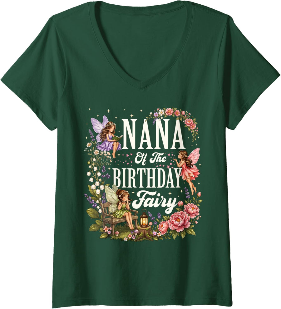 Women's Nana of The Birthday Fairy Girls Birthday Family Matching V-Neck T-Shirt - Dark Green