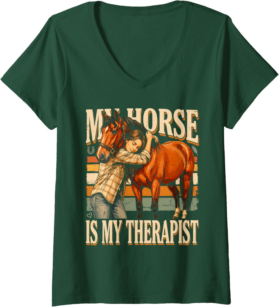 Women's My Horse is My Therapist Equestrian Riding V-Neck T-Shirt - Dark Green