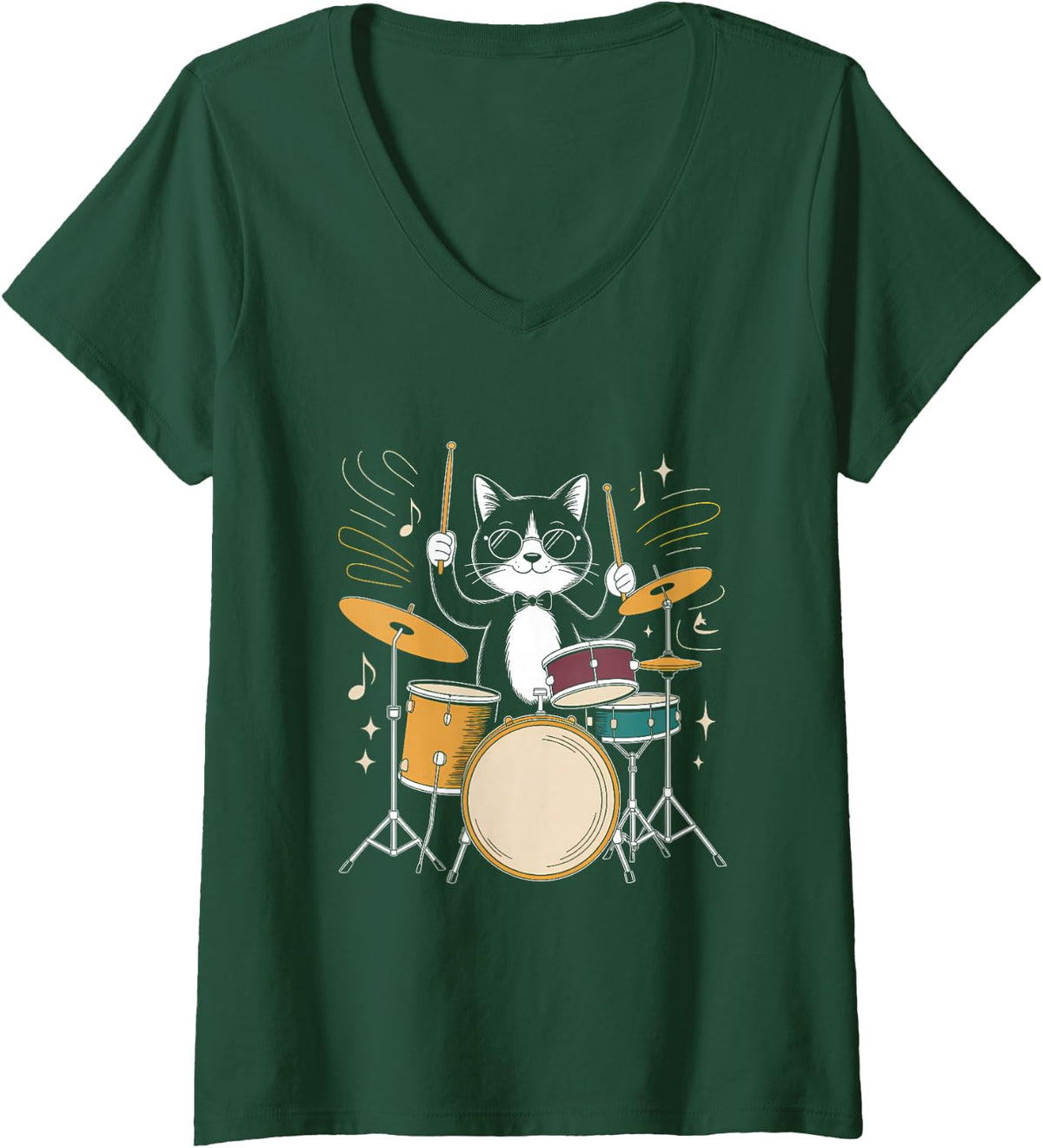 Women's Sunglasses Cat Drummer Jazz Percussion Music V-Neck T-Shirt - Dark Green
