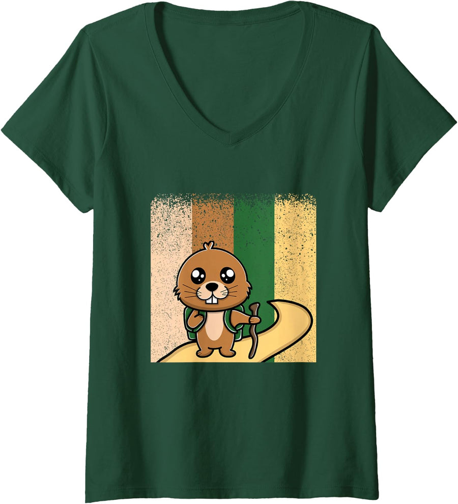 Women's Cute Distressed Hiking Otter V-Neck T-Shirt - Dark Green