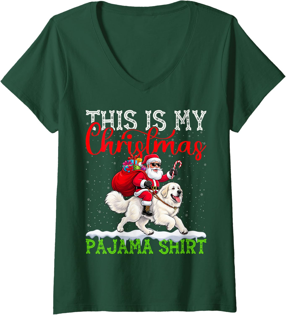 Women's This is My Great Pyrenees Ugly Christmas Pajama Sweater Dog V-Neck T-Shirt - Dark Green