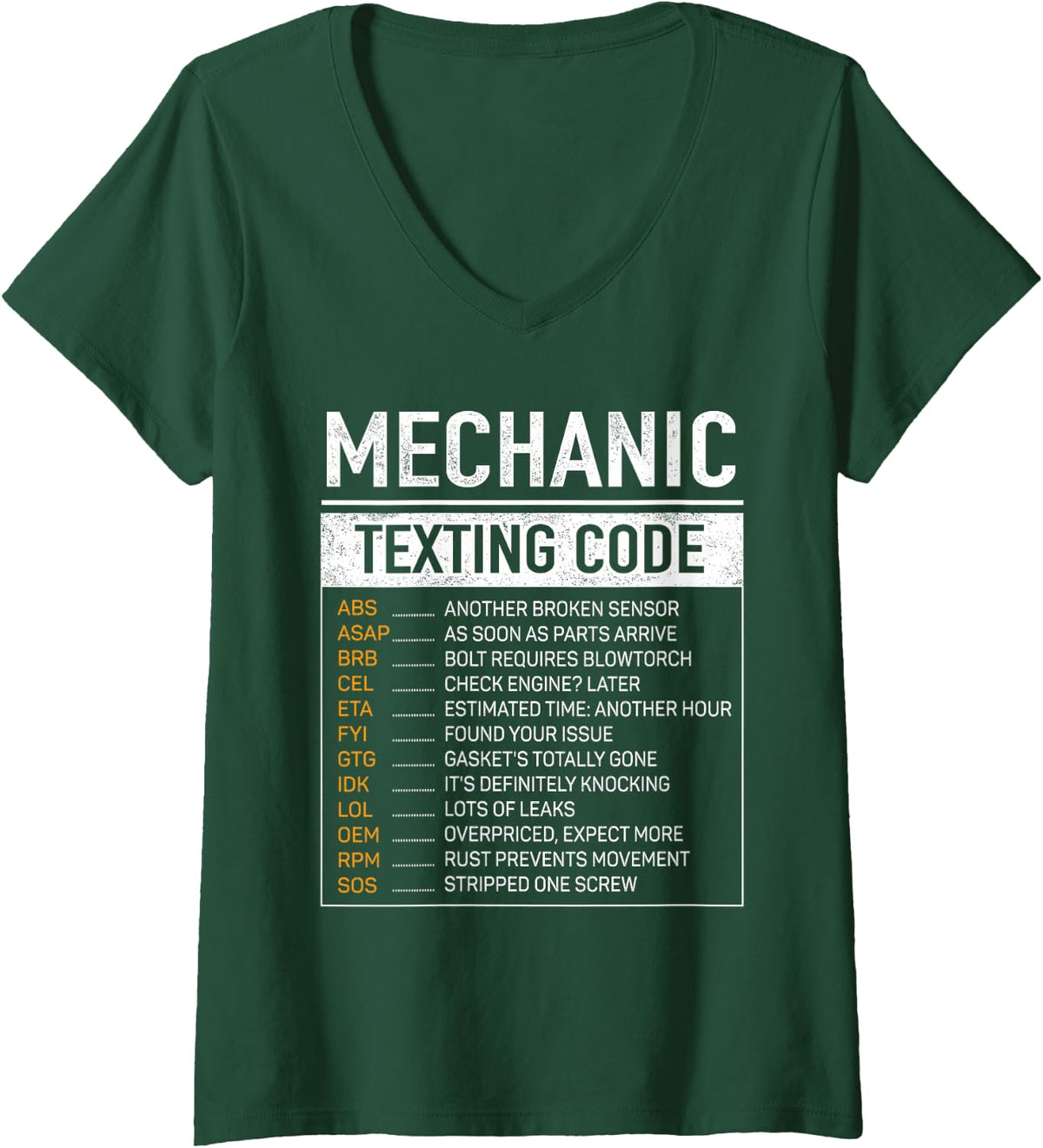 Women's Mechanic Texting Code Funny Auto Repair Garage Gag Humor V-Neck T-Shirt - Dark Green