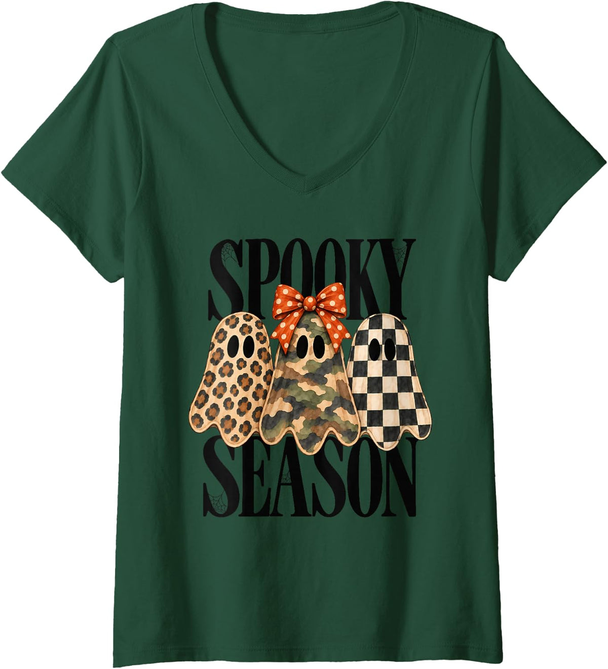 Women's Spooky Season Leopard Camo Checkered Ghost Halloween Fall V-Neck T-Shirt - Dark Green