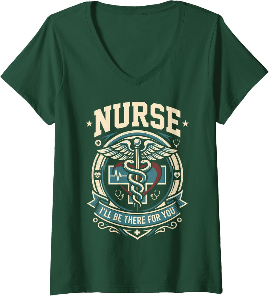 Women's Vintage Nurse Caduceus Emblem Medical Stethoscope V-Neck T-Shirt - Dark Green