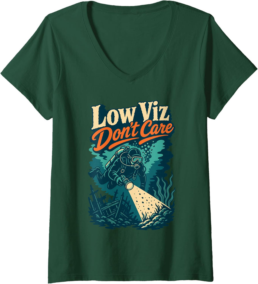 Women's Low Viz Dont Care Scuba Diver Wreck Diving V-Neck T-Shirt - Dark Green