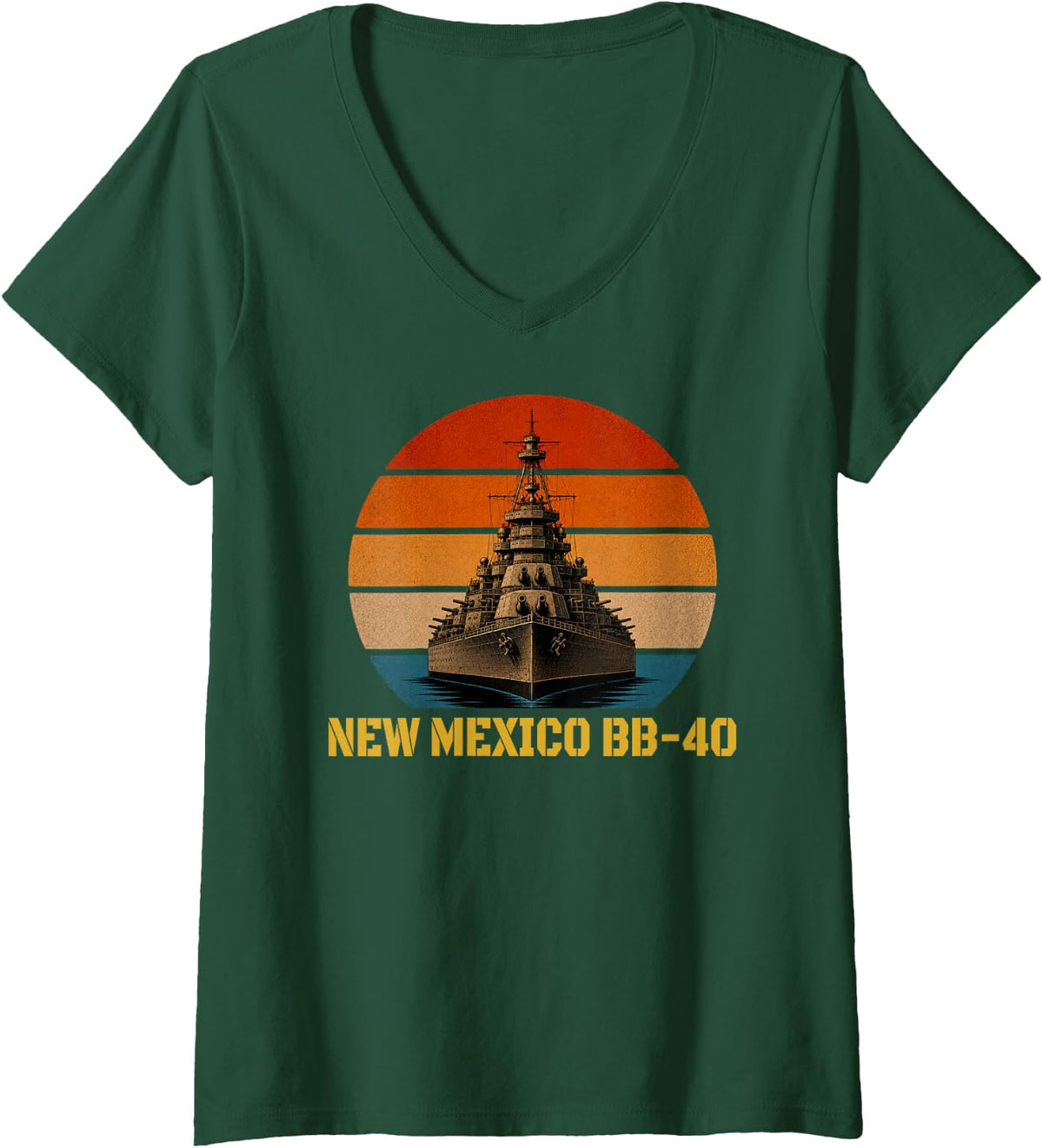 Women's Sunset & Battleship USS New Mexico BB-40 Veterans Day Sailor V-Neck T-Shirt - Dark Green
