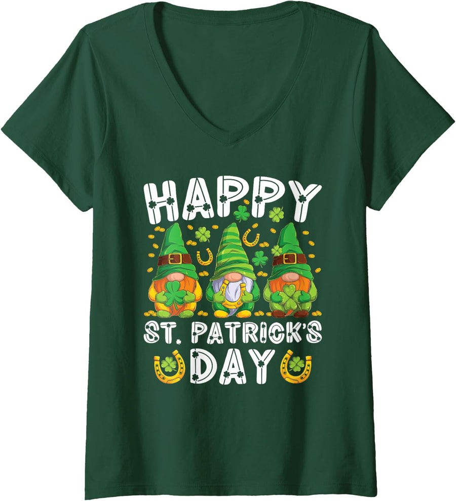 Women's Happy St. Patrick's Day Gnomes Shenanigans Irish Shamrock V-Neck T-Shirt - Dark Green