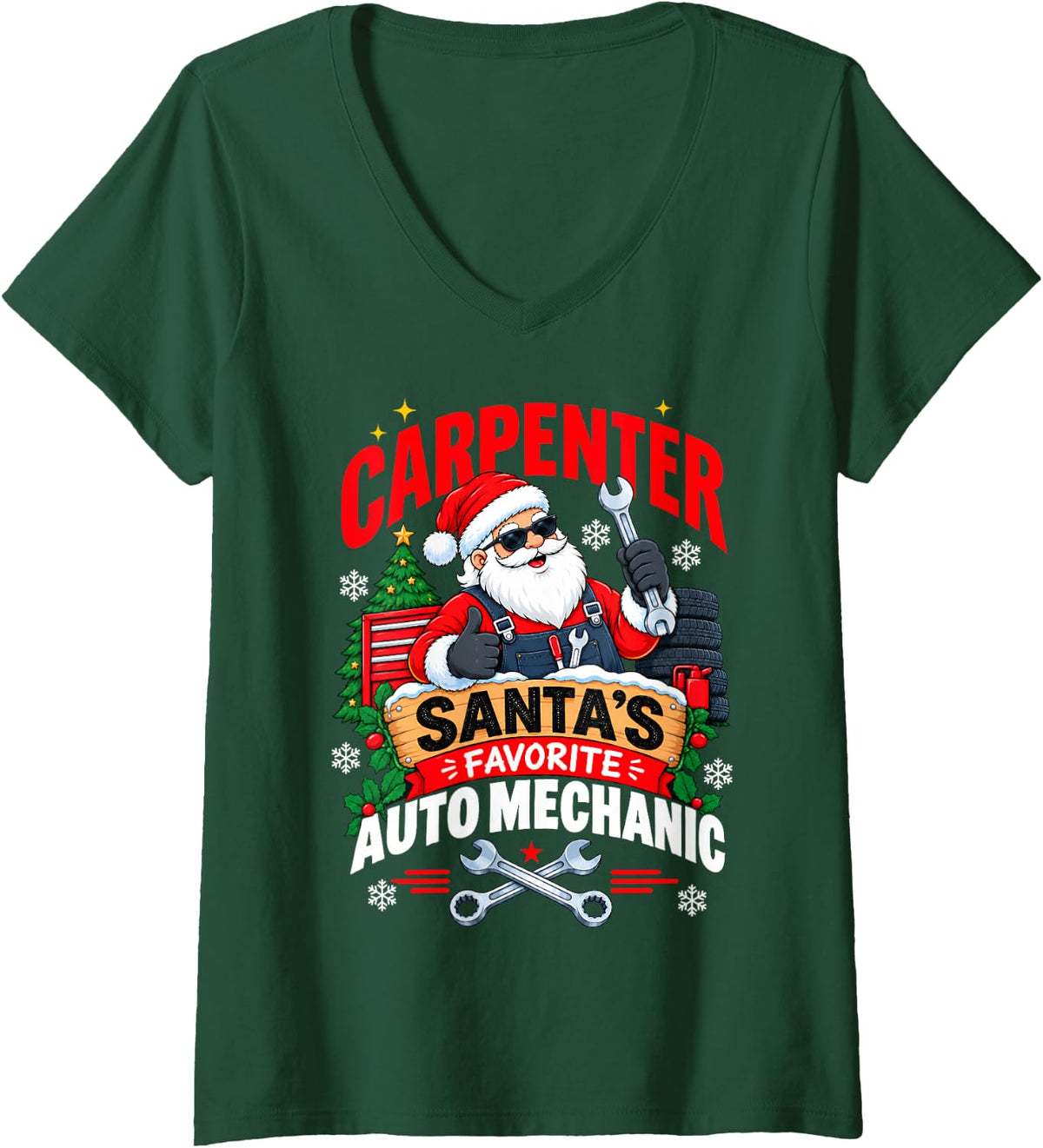 Women's Carpenter Santa Favorite Auto Mechanic Christmas V-Neck T-Shirt - Dark Green
