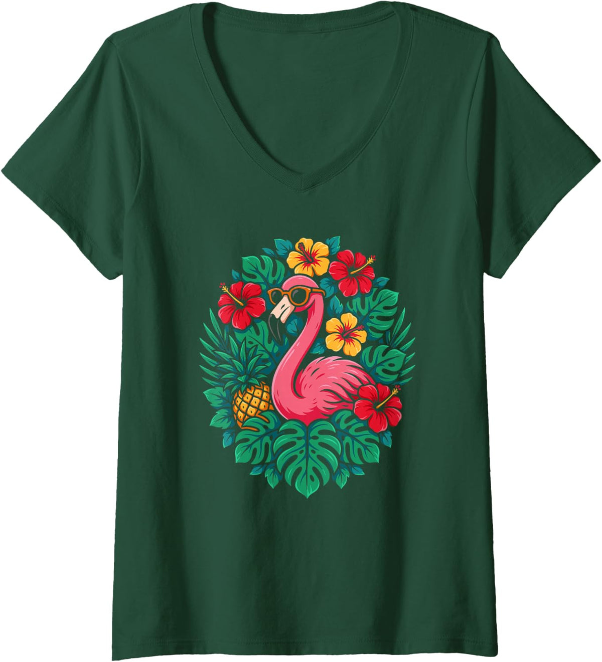 Women's Cute Pink Flamingo Tropical Vacation for Beach Loving Women V-Neck T-Shirt - Dark Green