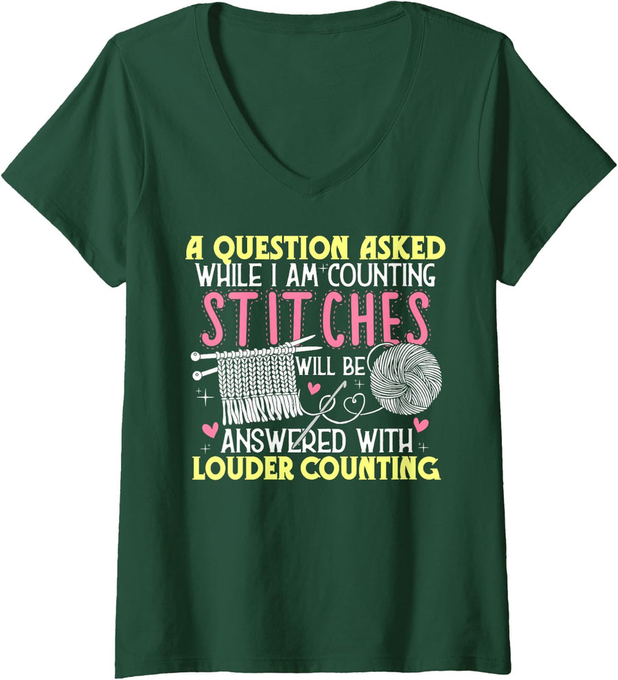 Women's Knit Shirt Questions While Counting Stitches Funny Knitting V-Neck T-Shirt - Dark Green