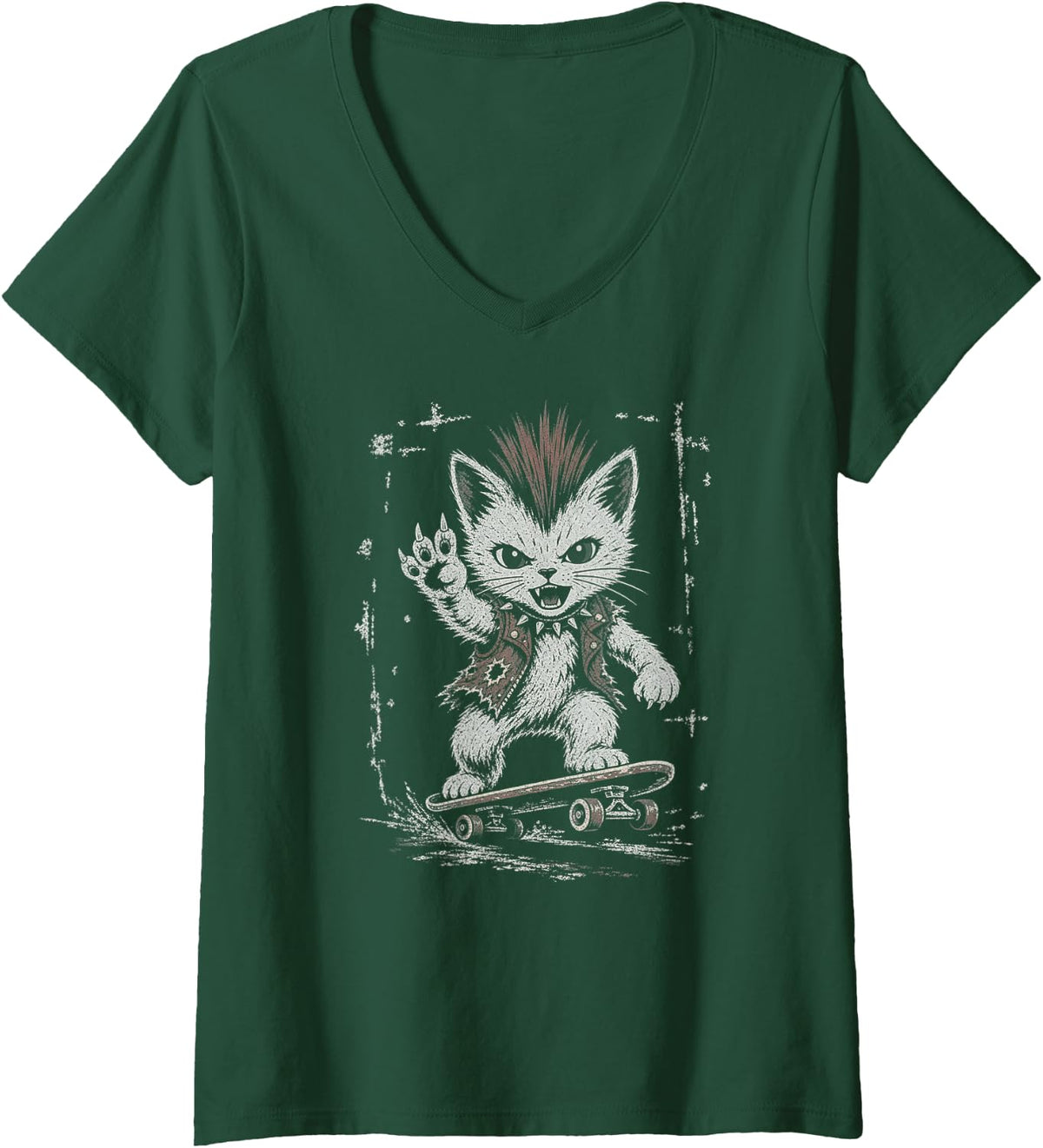 Women's Punk Rock Kitten Skateboard Cat V-Neck T-Shirt - Dark Green