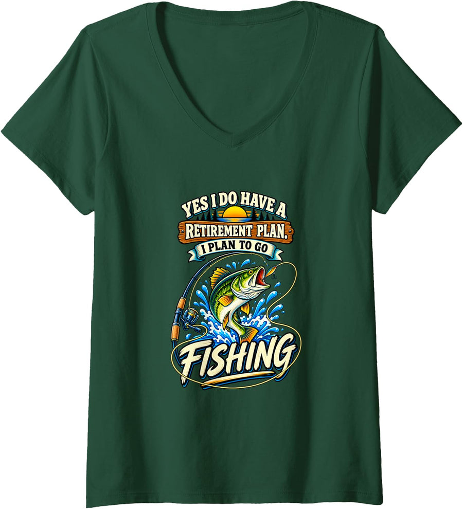 Women's Retired Fisherman Lake Fishing Retirement V-Neck T-Shirt - Dark Green