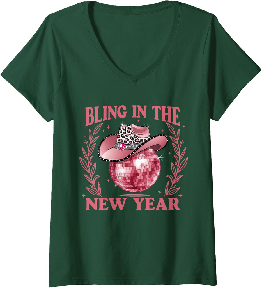 Women's Bling New Year 2025 Cute Pink Disco Ball Cowboy Hat for Girl V-Neck T-Shirt - Dark Green