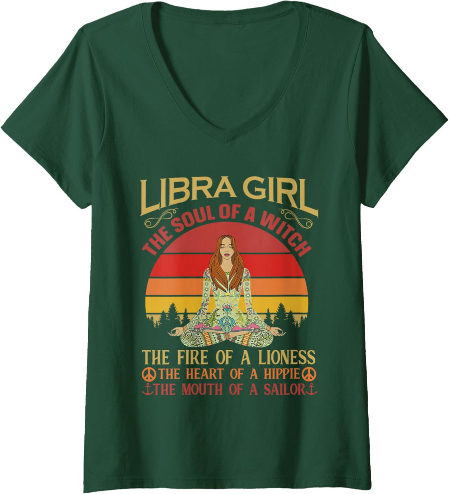 Women's Libra Girl Zodiac Sign Funny Astrology Yoga Retro Vintage V-Neck T-Shirt - Dark Green
