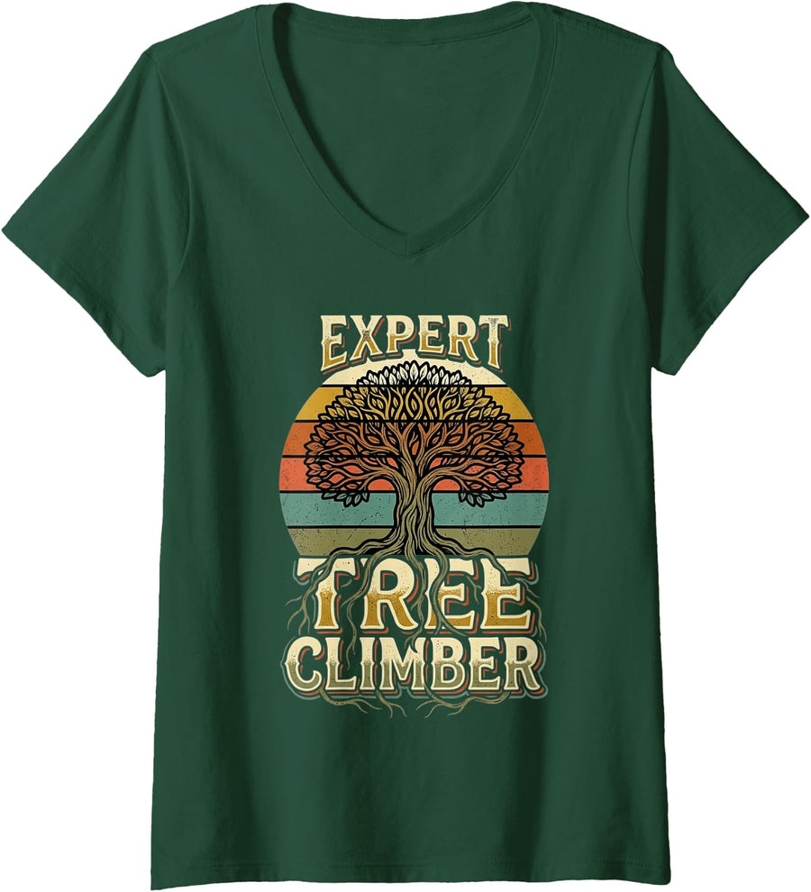 Women's Expert Tree Climber Hiking Nature Outdoors |- V-Neck T-Shirt - Dark Green