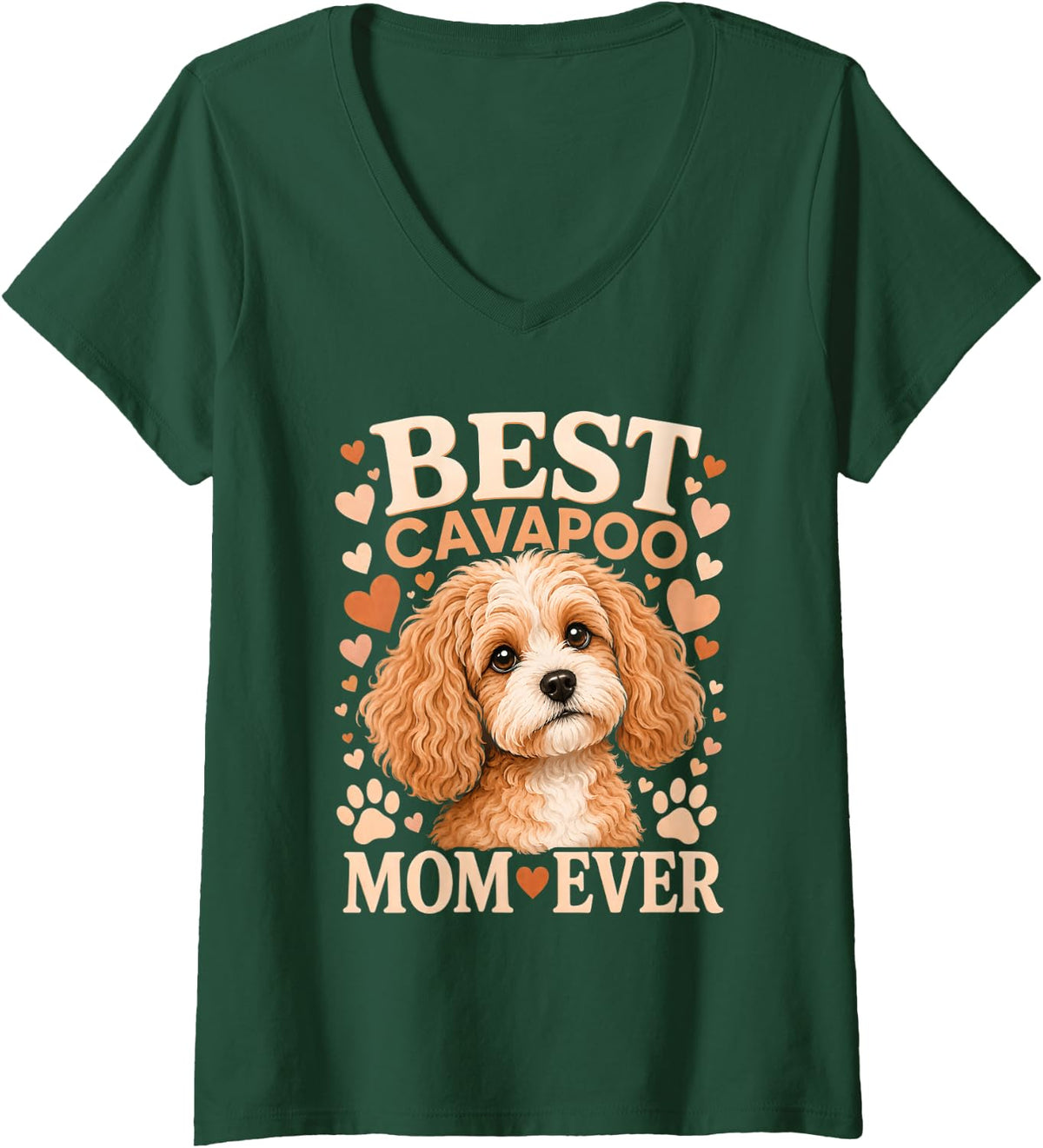 Women's Cavapoo Mom Retro Vintage Distressed Badge Illustration V-Neck T-Shirt - Dark Green