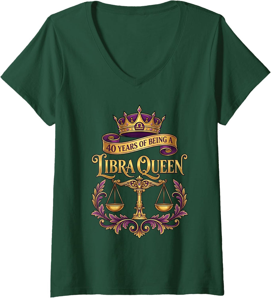 Women's 40th Birthday Libra Queen Astrology Star Sign Woman V-Neck T-Shirt - Dark Green