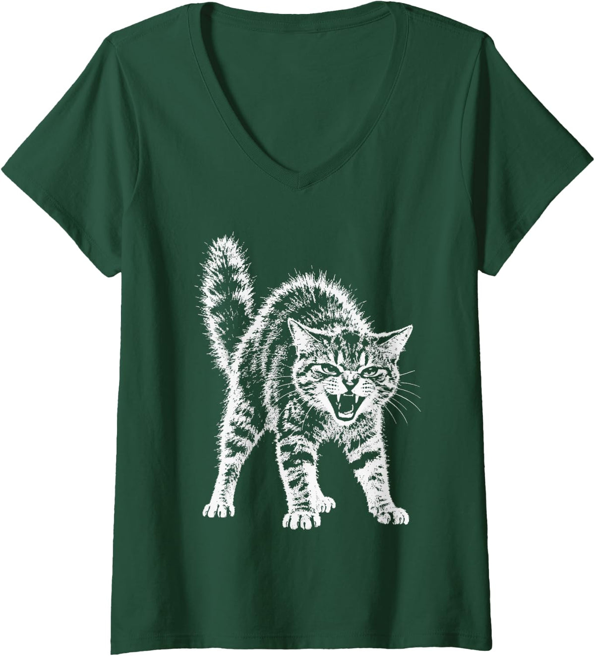 Women's Sassy Hissing Cat Y2k Grunge Aesthetic Rebellious Kitten V-Neck T-Shirt - Dark Green